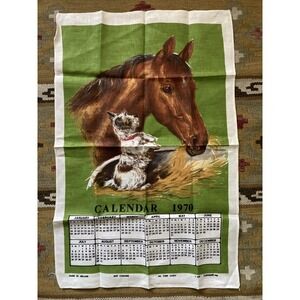 Vintage unused linen tea calendar towel Lamont Ireland 1970 horse and dog green